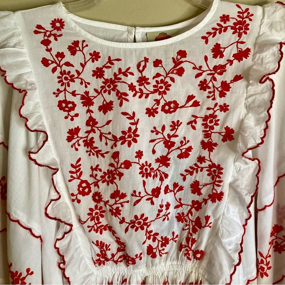 NEW FARM Rio Off-White with Red Embroidered Long Sleeve Blouse Cotton Size XXS - Picture 10 of 16